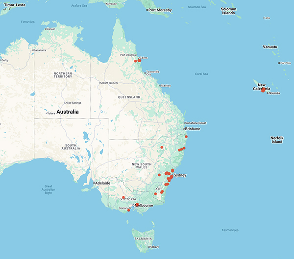 collecting locality map for 'Bernhardt, P.'