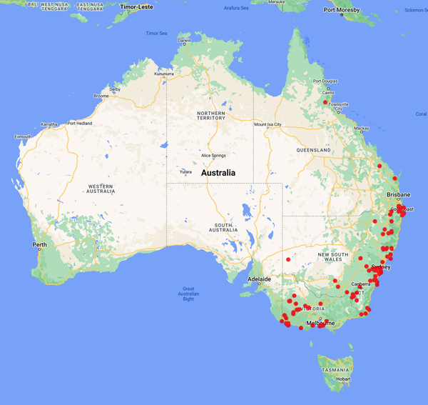 collecting locality map for 'Bishop, A.D.'