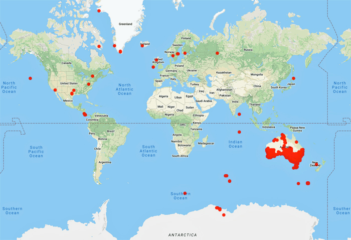 collecting locality world map for 'Filson, R.B.'