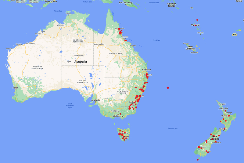 collecting locality map of Australasia for 'Vitt, D.H.'